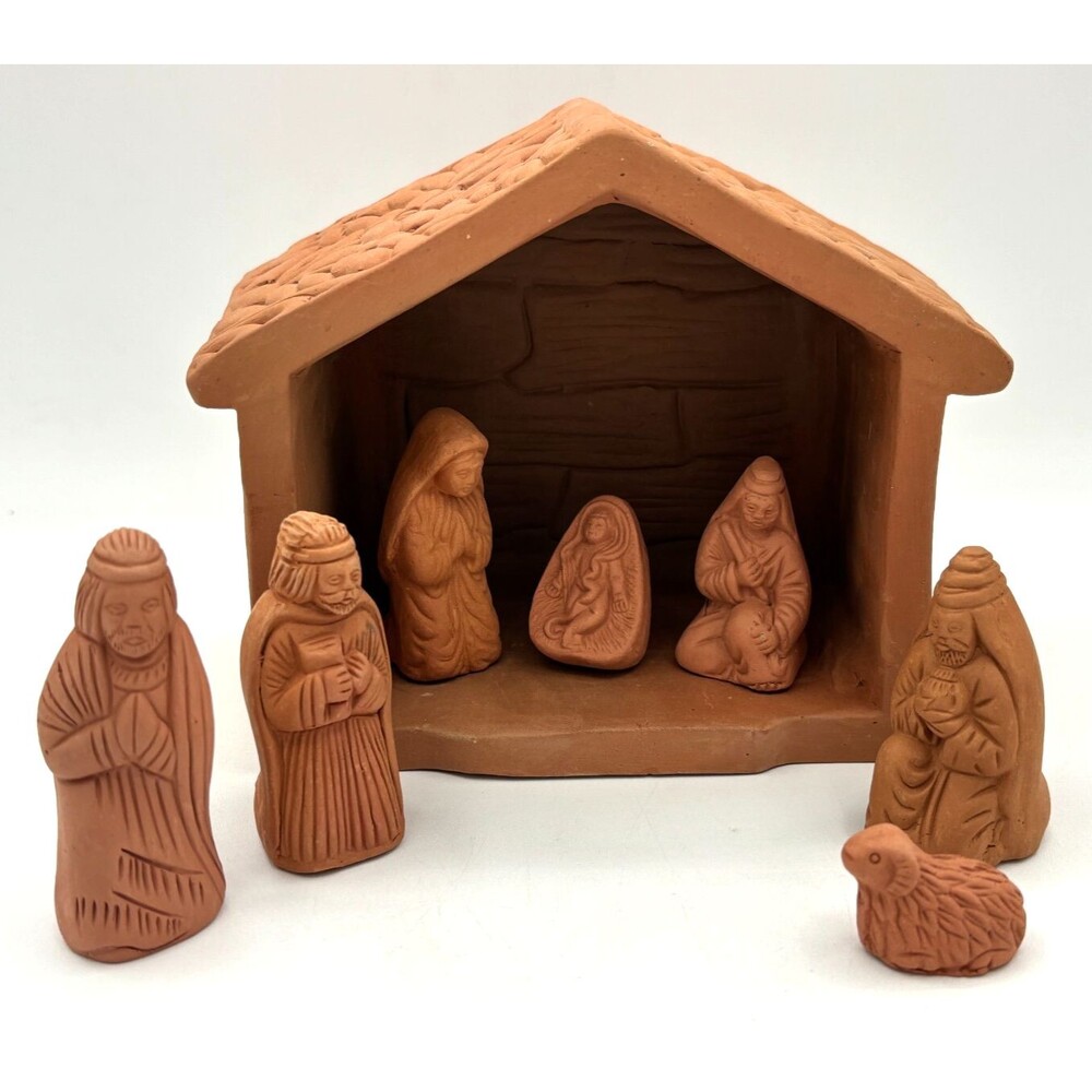 Terra Cotta Handmade Nativity Set‎ 8 Piece Christmas Jesus Mary Joseph Primitive